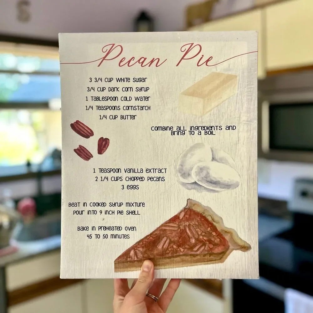 Retro Unique Pecan Pie Recipe Canvas Kitchen Baking Wall Decor Sign
